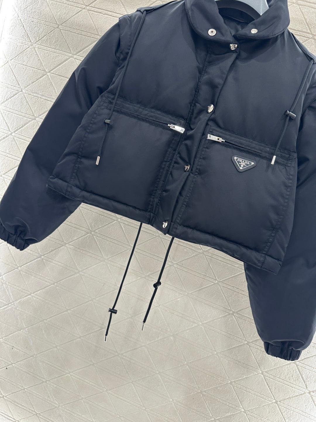 Prada 2025 Cropped Jacket With Detachable Sleeves Black Re-Nylon Down