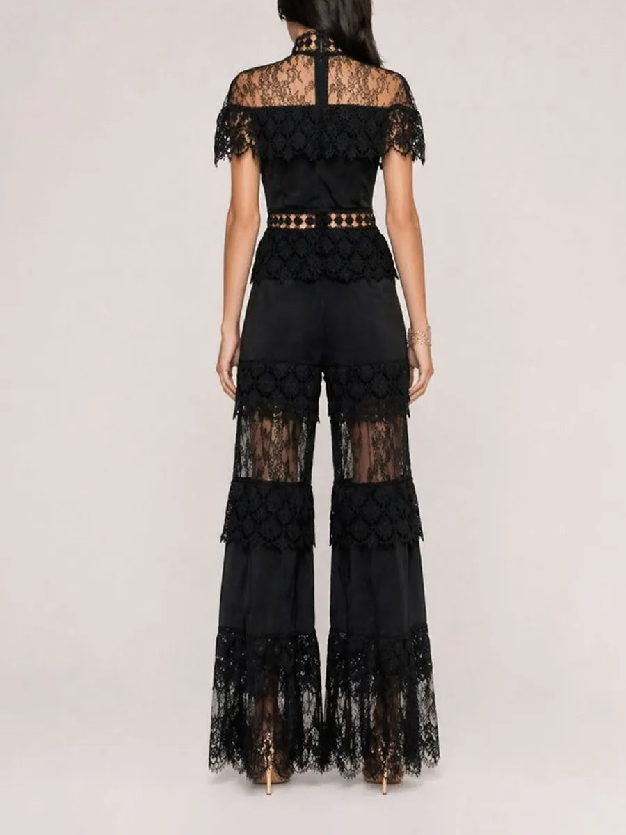 Ivana Elegant High-Neck Ruffled Short-Sleeved Lace Set