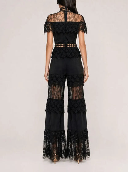 Ivana Elegant High-Neck Ruffled Short-Sleeved Lace Set