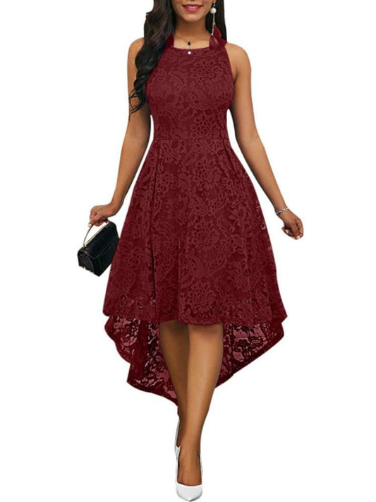 New Party Summer Vintage Plus Size Women Solid Color Lace High Low Sleeveless Dress