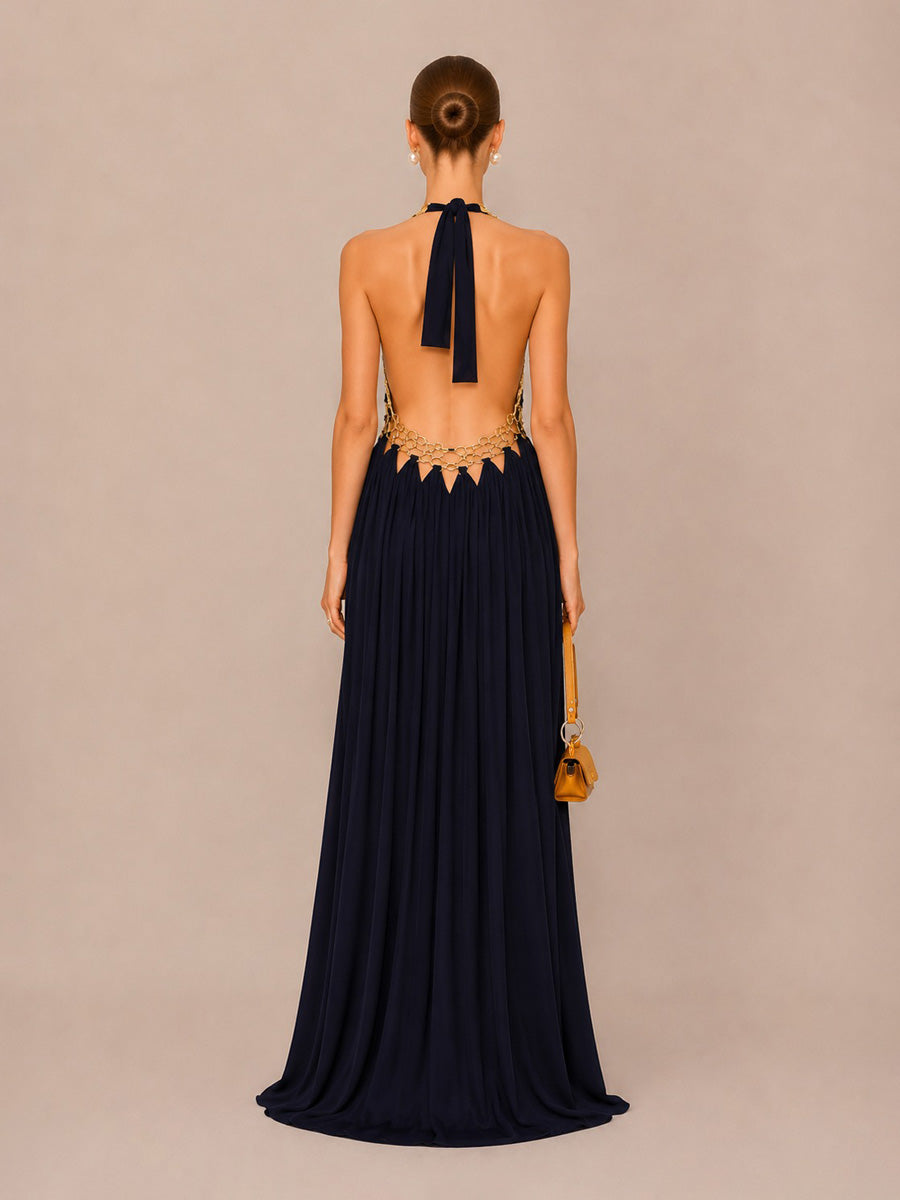 Natalia Handcrafted Deep-V Cut-Out Maxi Dress In Black