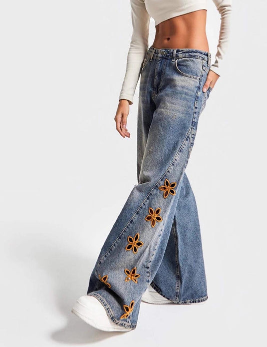 High Waist Flower Embroidered Wide Leg Jeans
