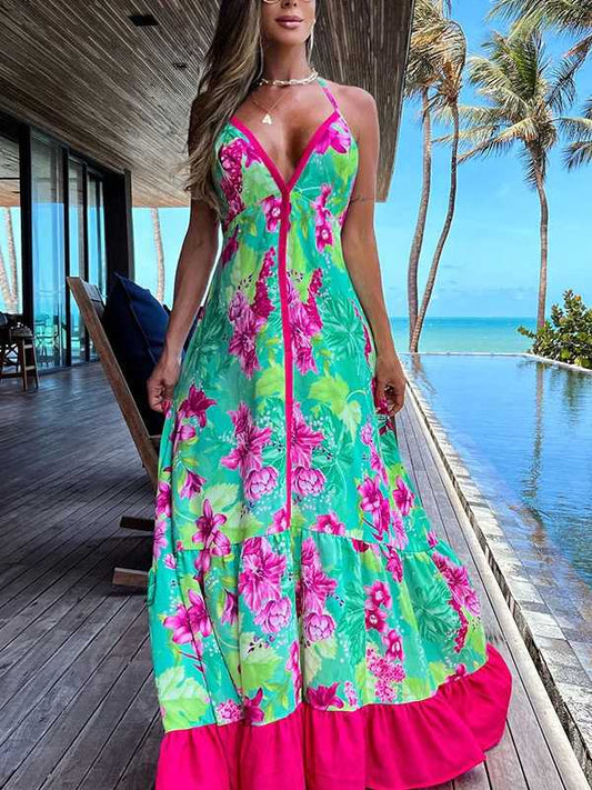 Summer Women'S Fashion Print V-Neck Slip Dress