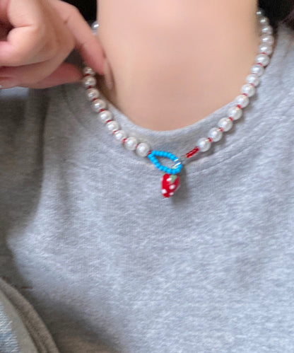 Cute White Alloy Strawberry Pearl Pendant Necklace