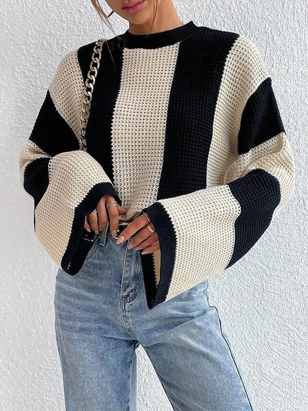 Flared Sleeves Long Sleeves Contrast Color Round-Neck Knitwear Pullovers Sweater Tops