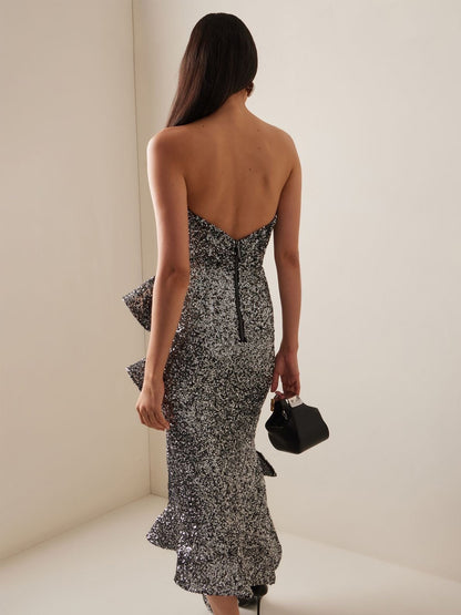Isadora Strapless Sequin & Ruffle Midi Dress