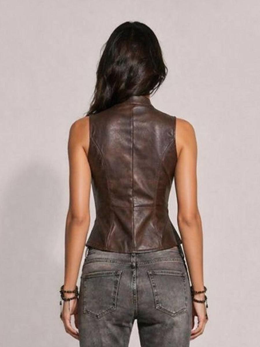 Dahlia Biker-Style Lapel Leather Sleeveless Vest