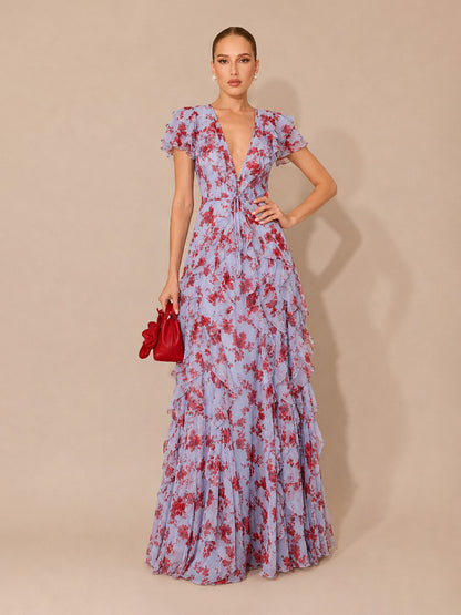 Lilith V-Neck Printed Chiffon Maxi Dress with Ruffle Detail