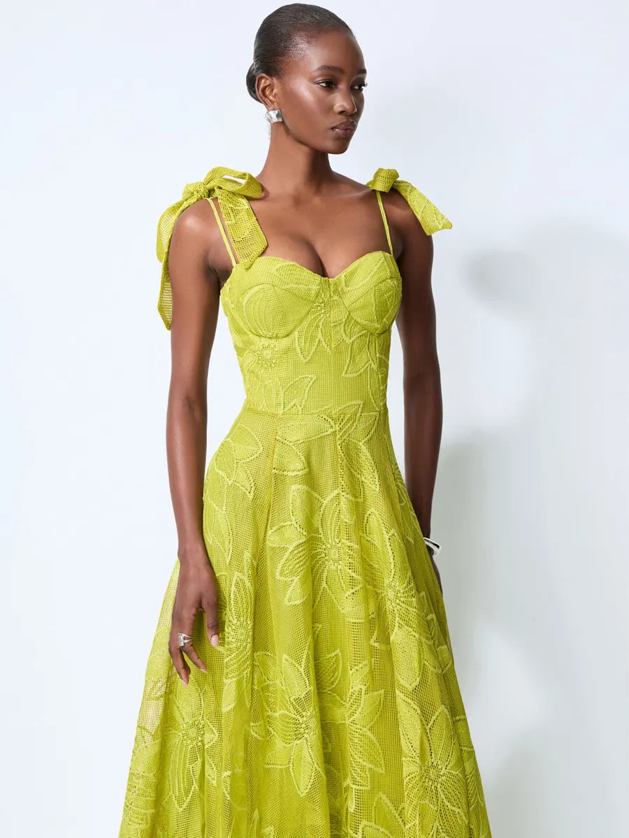 Ariana Romance Green Floral Lace Bow Strap Maxi Dress