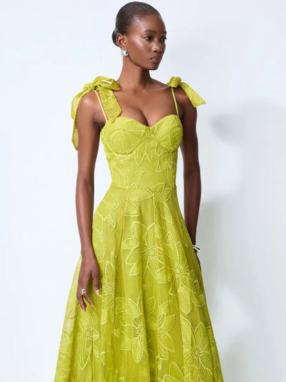 Ariana Romance Green Floral Lace Bow Strap Maxi Dress