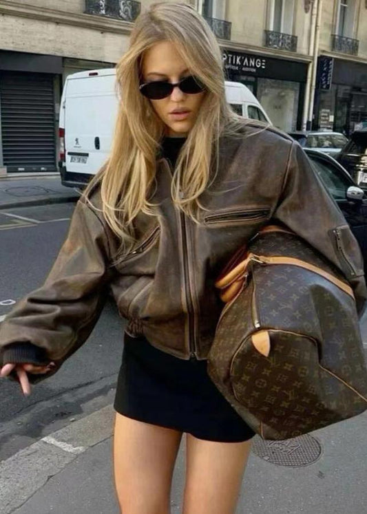 Faux Leather Bomber Jacket With Distressed Finish