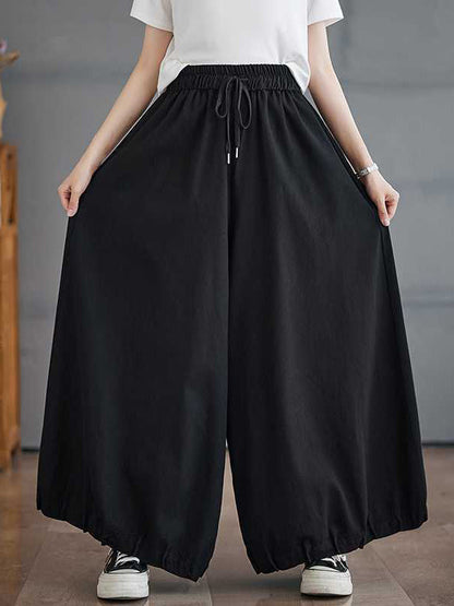 High Waisted Loose Drawstring Elasticity Pleated Pockets Culotte Knickerbockers