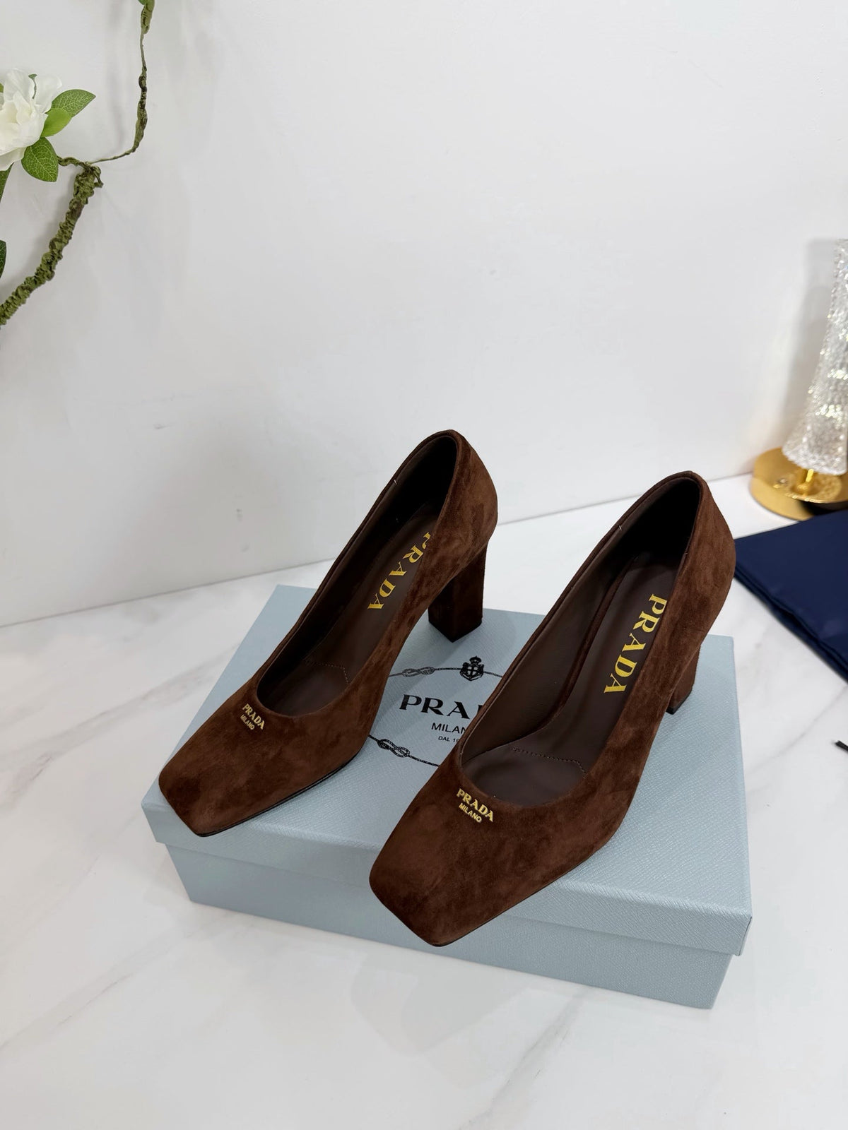 PRA 26SS Square-toe Block Heels 85 Dark Brown Suede 592362