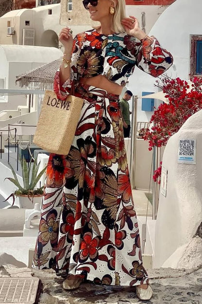 Vacay Mode Hollow Lace Unique Print Bell Sleeve Crop Top and Tie-up Maxi Skirt Set