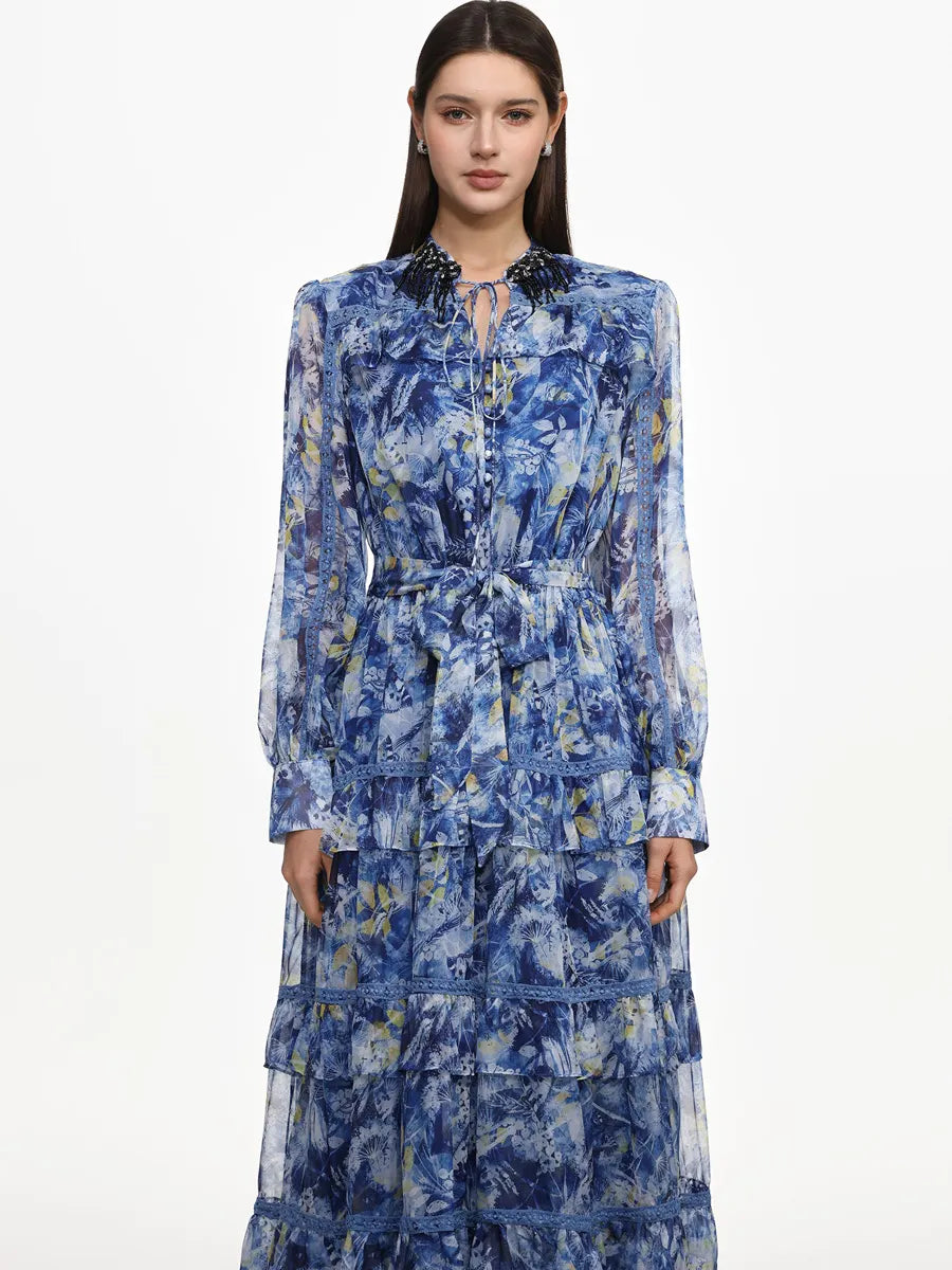 Hazel Flowy Long Sleeve Ruffle Floral Print Maxi Dress