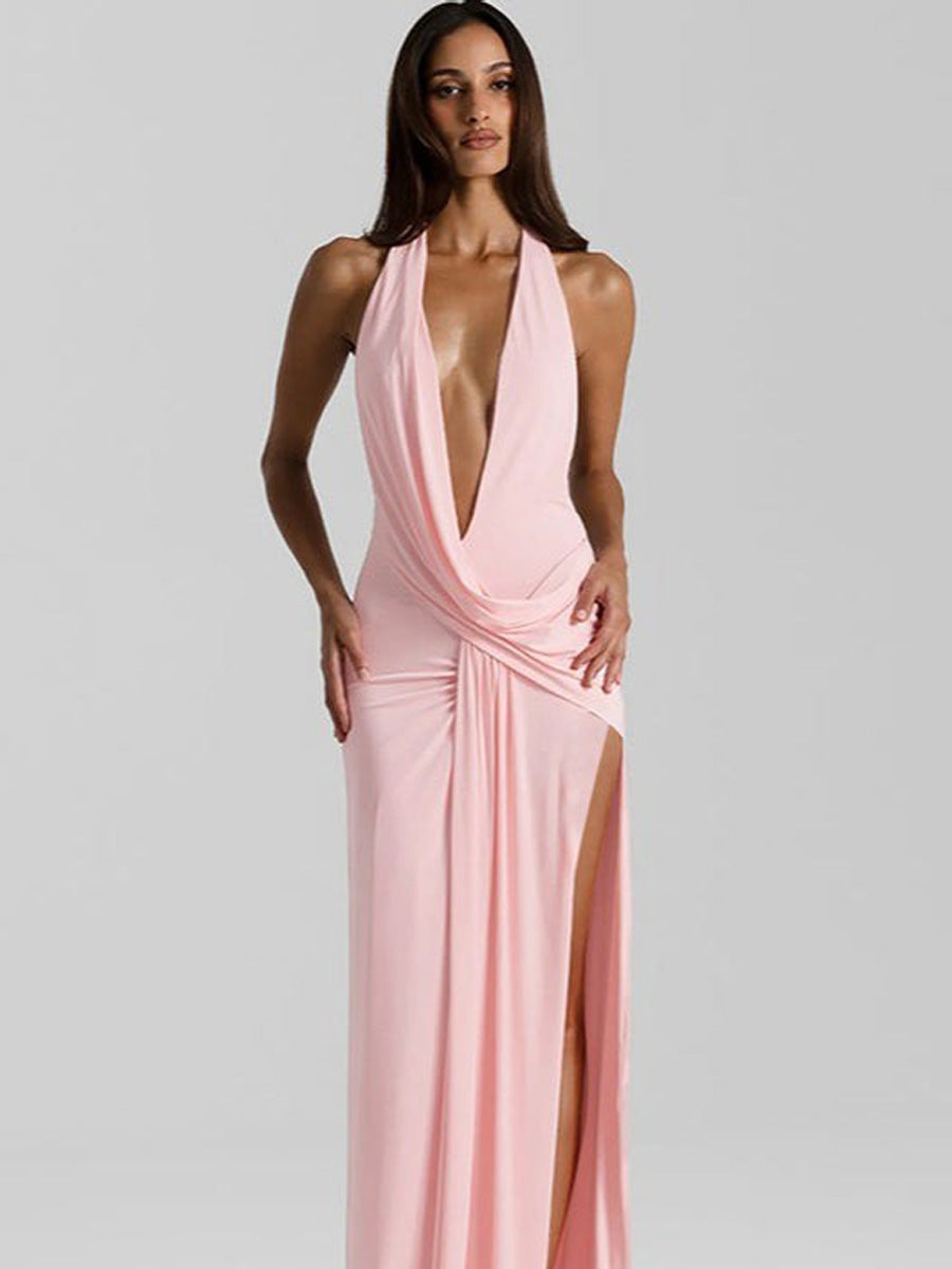 Aurora Solid Halter Deep V Backless Slit Floor Maxi Dress