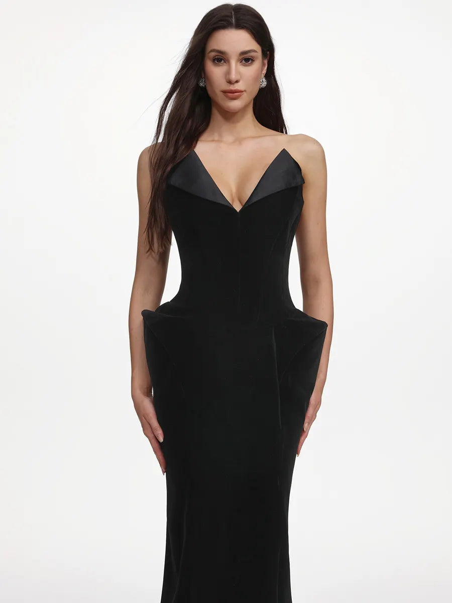 Imelda Chic Tailored Strapless Sculpted Velvet Maxi Dress