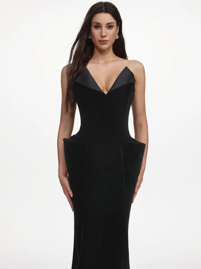 Imelda Chic Tailored Strapless Sculpted Velvet Maxi Dress