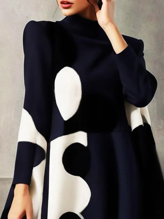 A-Line Long Sleeves Polka-Dot Split-Joint Mock Neck Mini Dresses