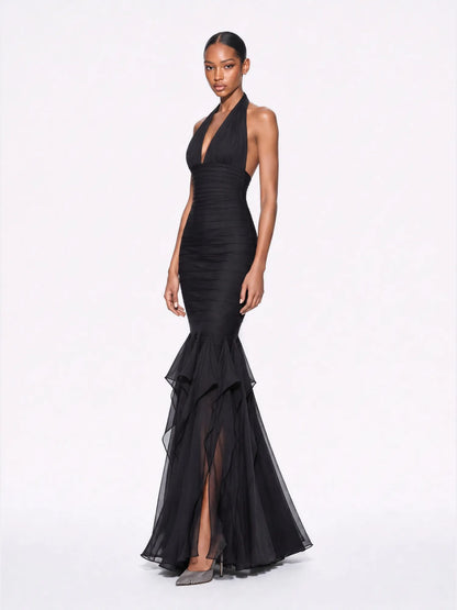 Coraline Halter-Neck Ruffled Backless Maxi Dress