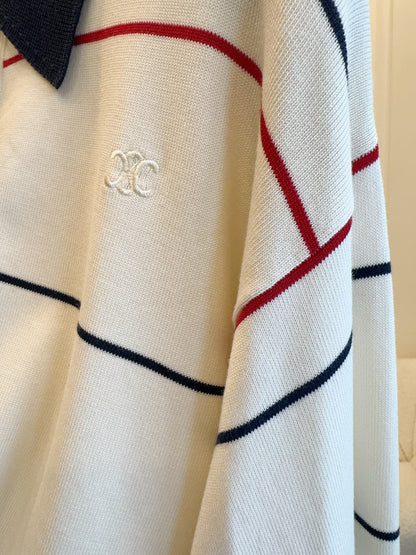Celine 25 Polo Long Sleeves Shirt White Silk Cotton
