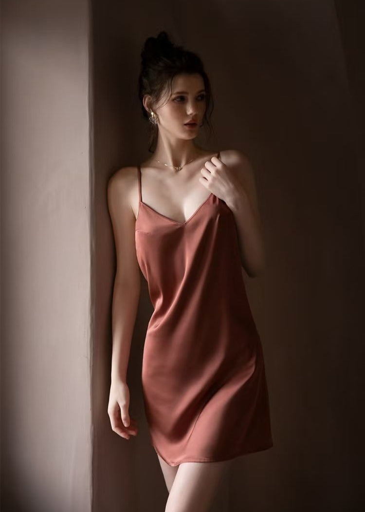 Satin Nightdress Brown Backless Silky Slip Dress