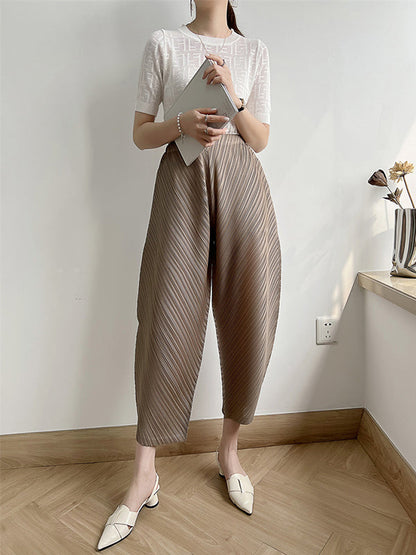 Harem Pants High Waisted Elasticity Pleated Solid Color Split-Joint Ninth Pants Pants Trousers