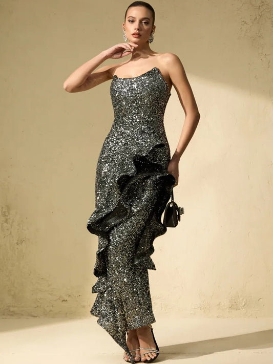 Celestine Sparkle Sequin Asymmetric Ruffle Maxi Dress