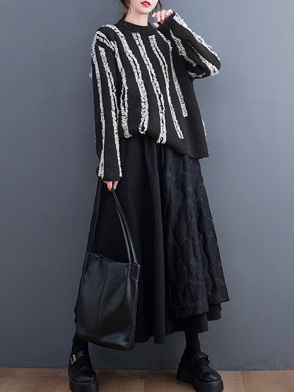 Casual Long Sleeves Loose Tasseled Round-Neck Sweater Tops