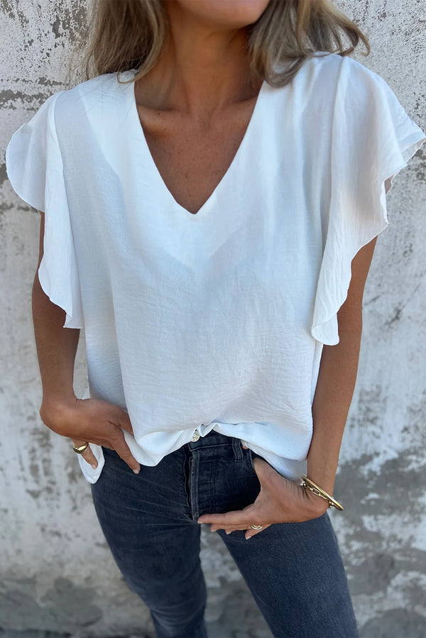 White Solid Color V-Neck Ruffle Short Sleeve Blouse