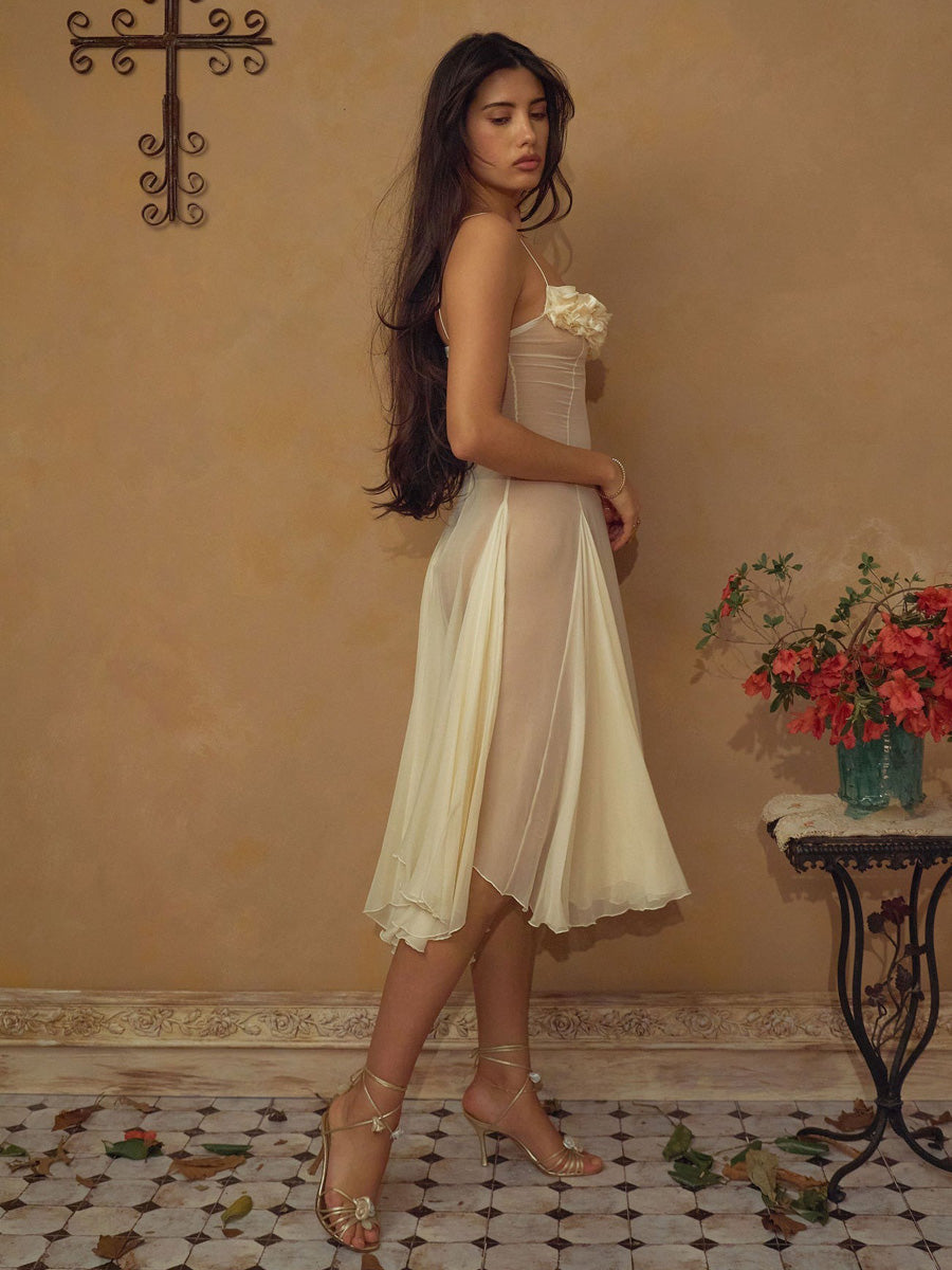 Sienna 3D Floral Chiffon Midi Dress In Butter