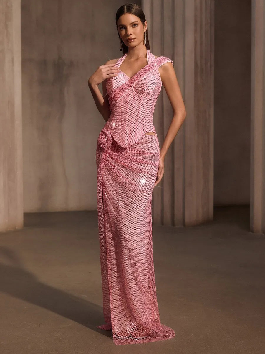 Marisol Rhinestone Mesh Split Flower Maxi Dress