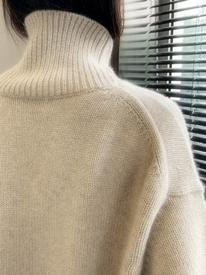 Long Sleeves Loose Pleated Solid Color Split-Joint High Neck Sweater