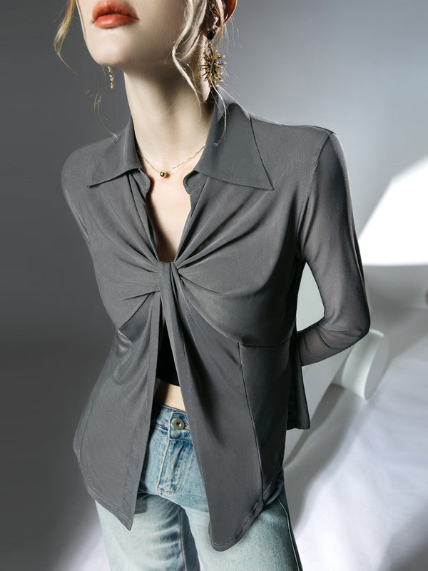 Long Sleeves Ruffle Sleeves Knot Solid Color Lapel Blouses&Shirts Tops