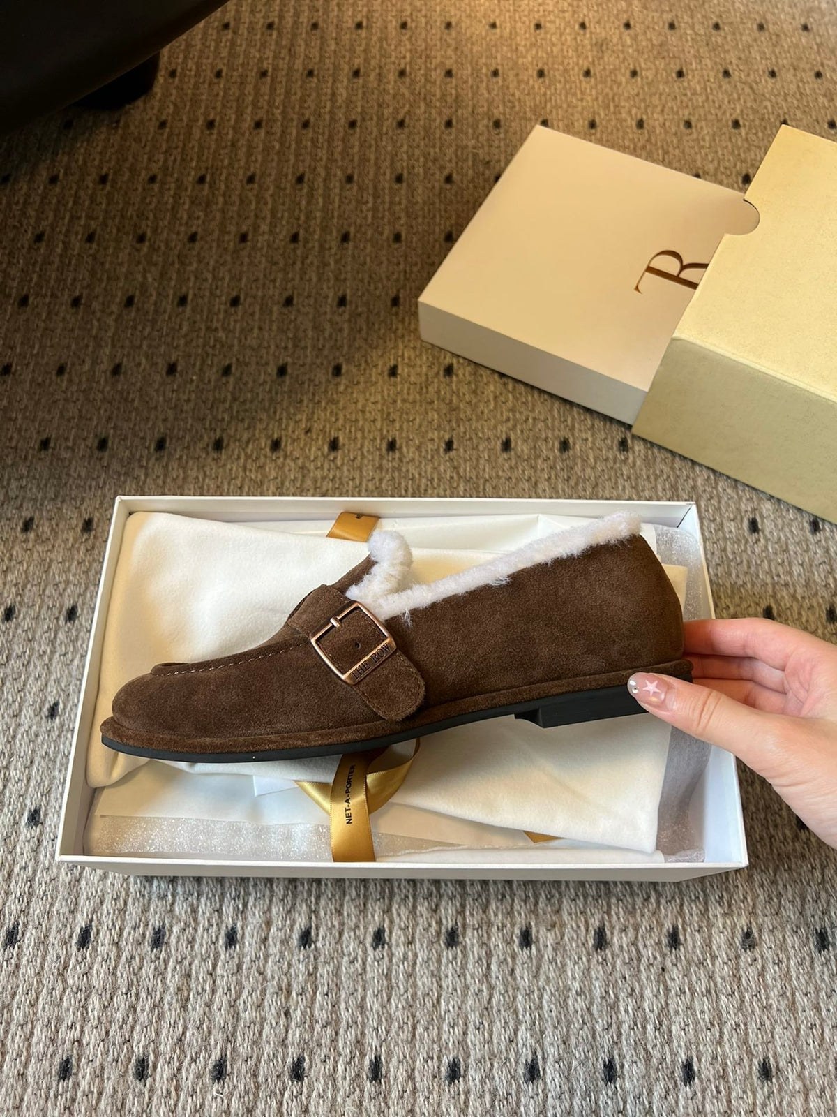 The Row 2025 Shearling Loafer Brown White Suede Wool 561602