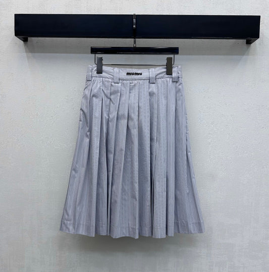 Miu Miu Pleated Striped Midi Skirt Grey Cotton 341903