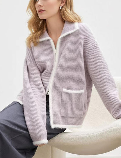 Soft Color Block Zipper Lapel Pocket Knit Cardigan