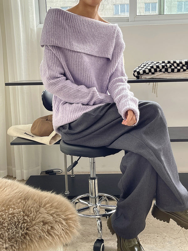 Casual Loose Long Sleeves Solid Color Lapel Sweater Tops