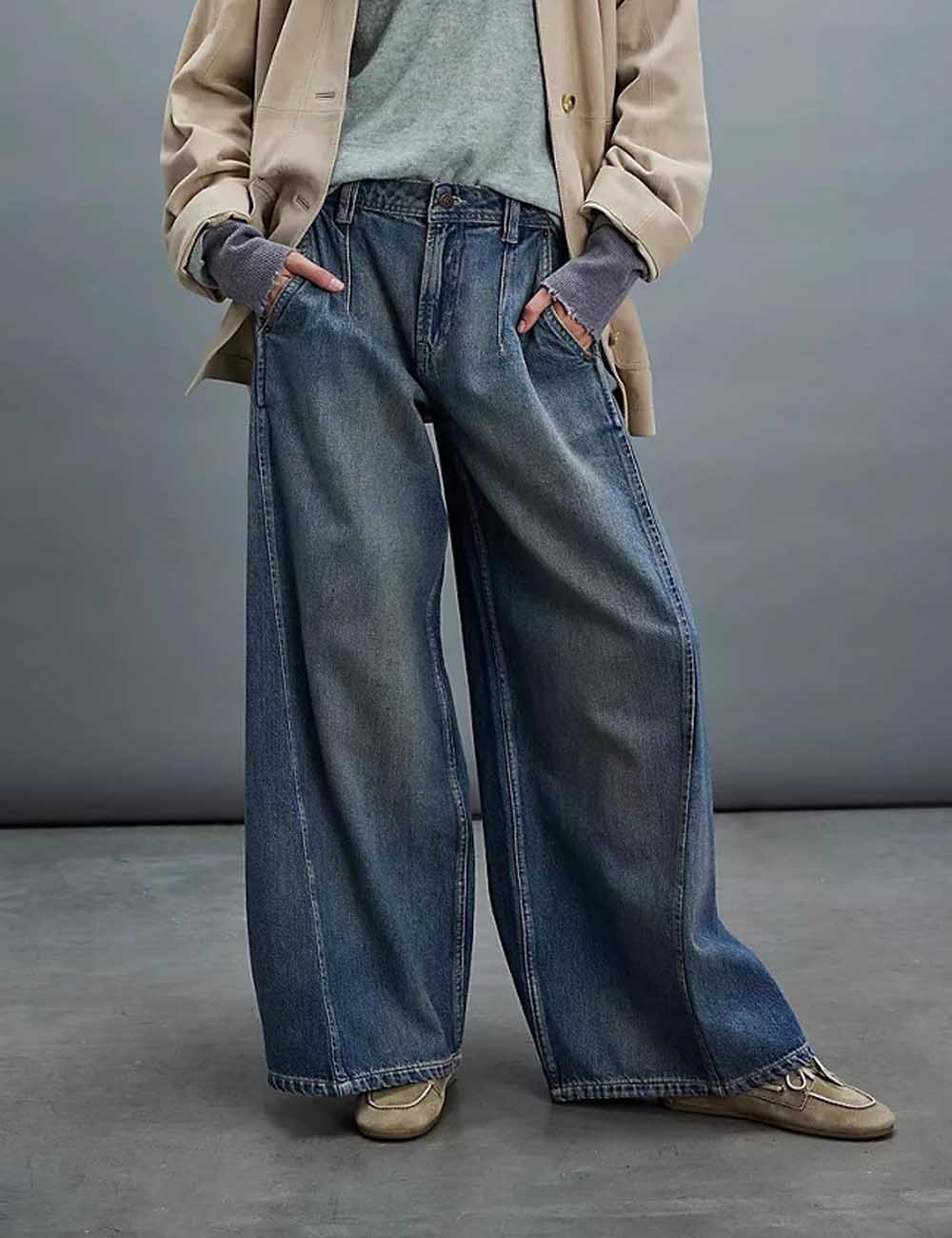 Distressed Washed Mid Waist Wide Leg Denim Pants
