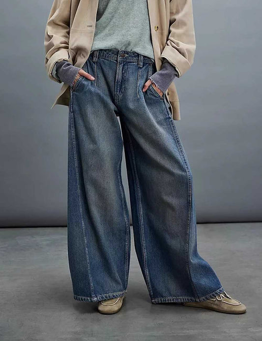 Distressed Washed Mid Waist Wide Leg Denim Pants