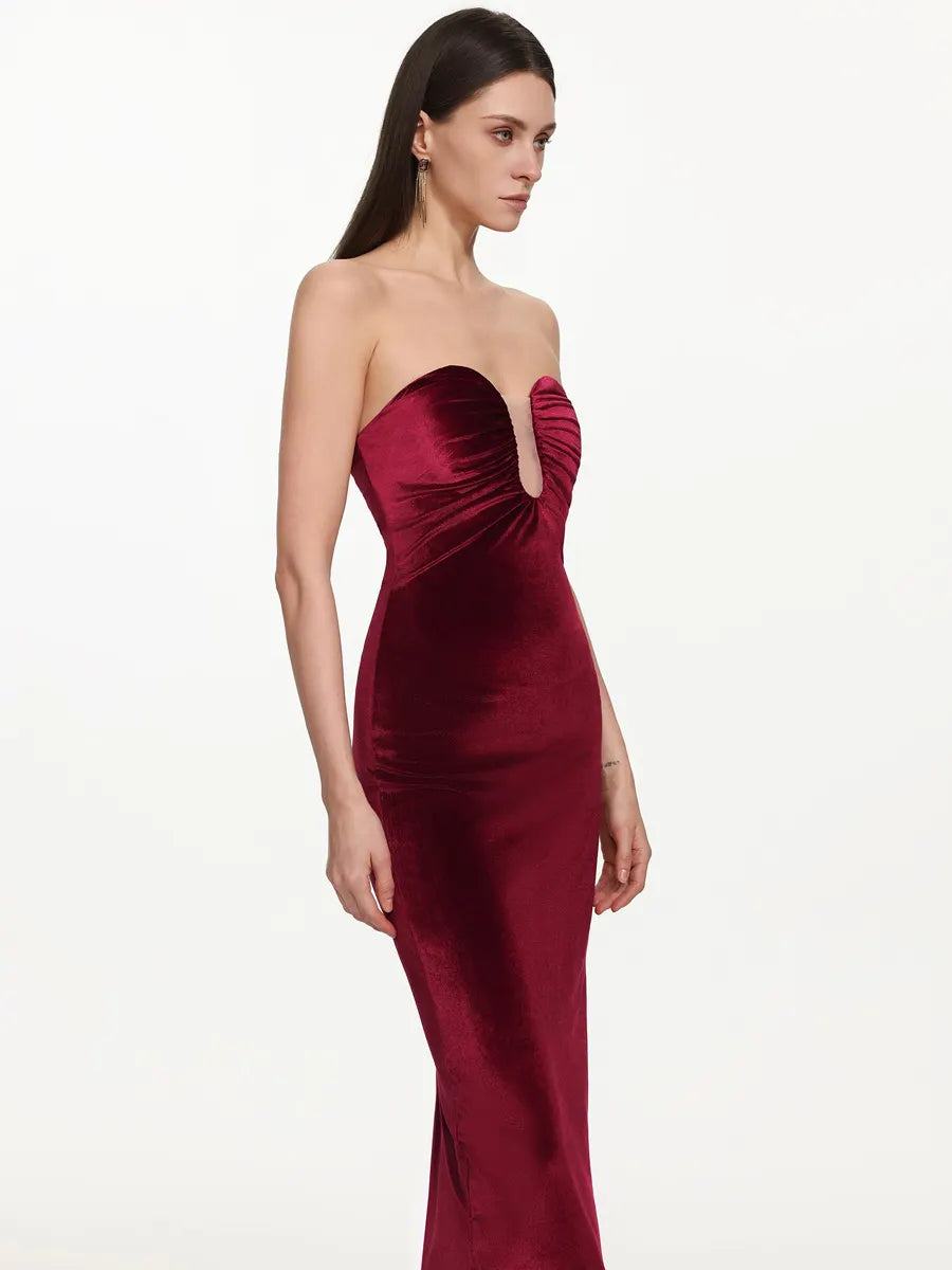 Giovanna Romantic Contour Strapless Ruched Velvet Maxi Dress