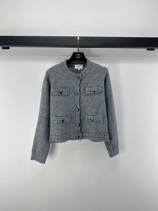 Chanel 2025 Cardigan Grey and Olive Brown Wool 329282