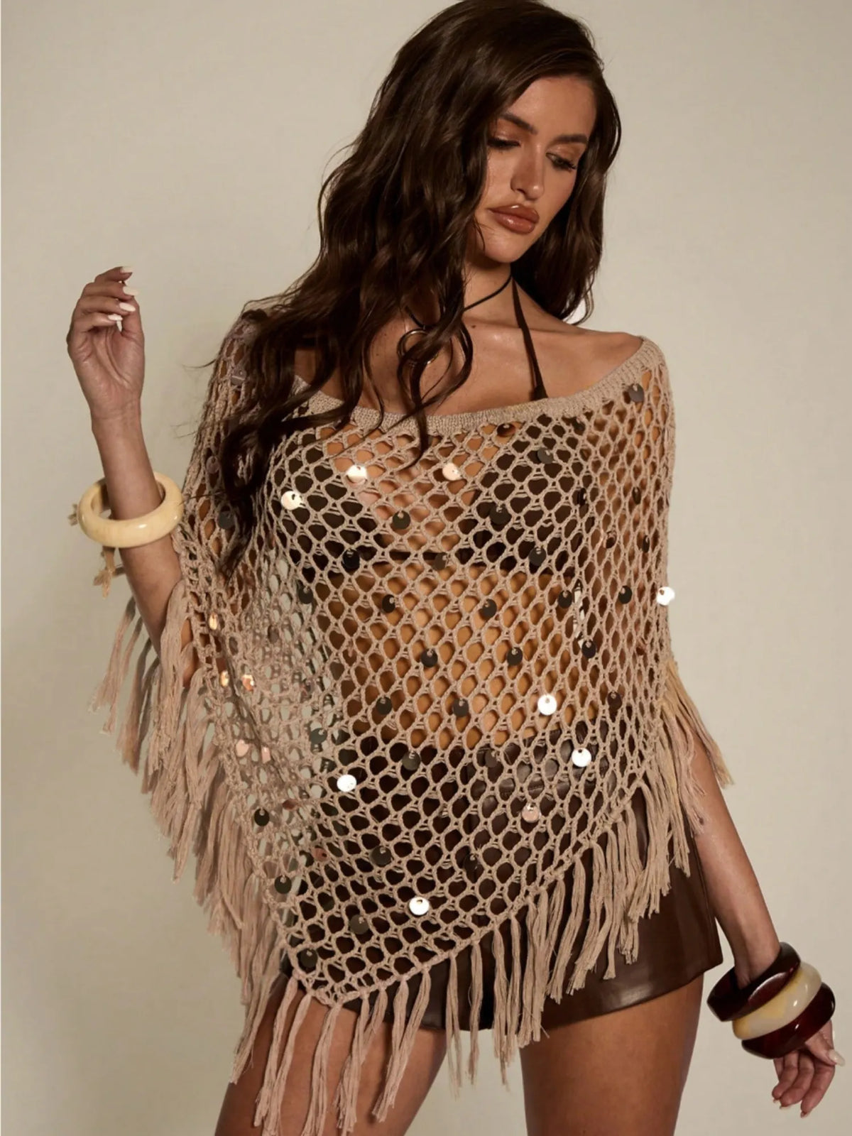 Sienna Beige Fishnet Crochet Fringe Poncho Cover Up