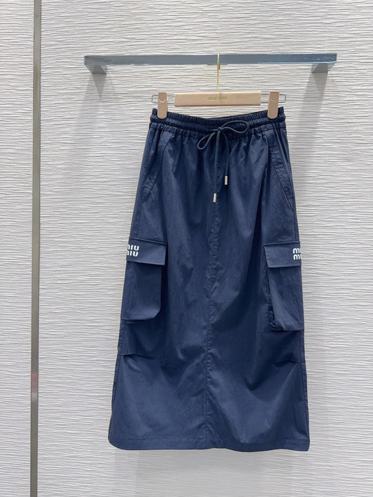 Miu Miu 2026 Long Skirt Khaki and Navy Blue Cotton Nylon