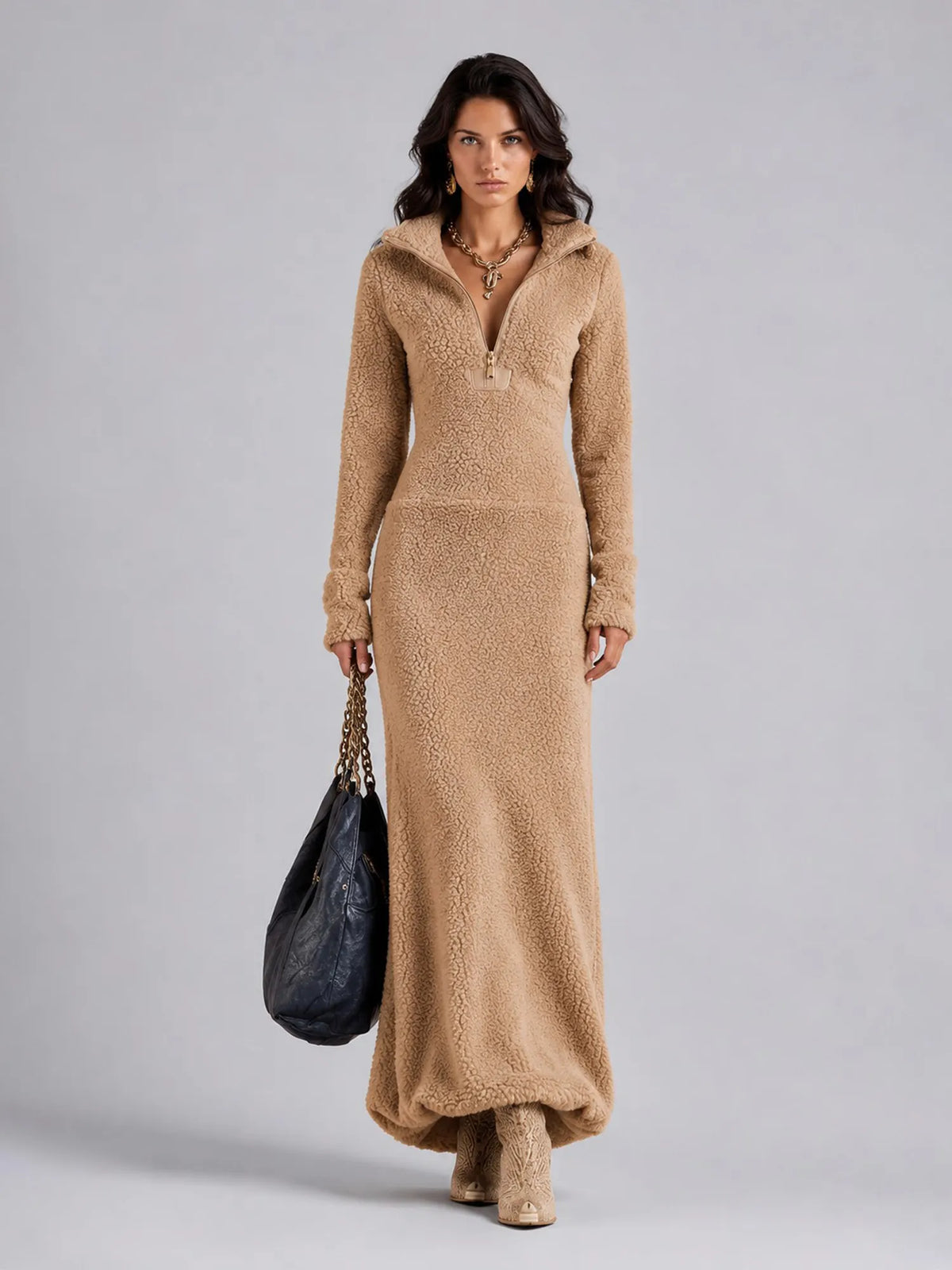Sarah Fleece Maxi Dress with Polo Collar