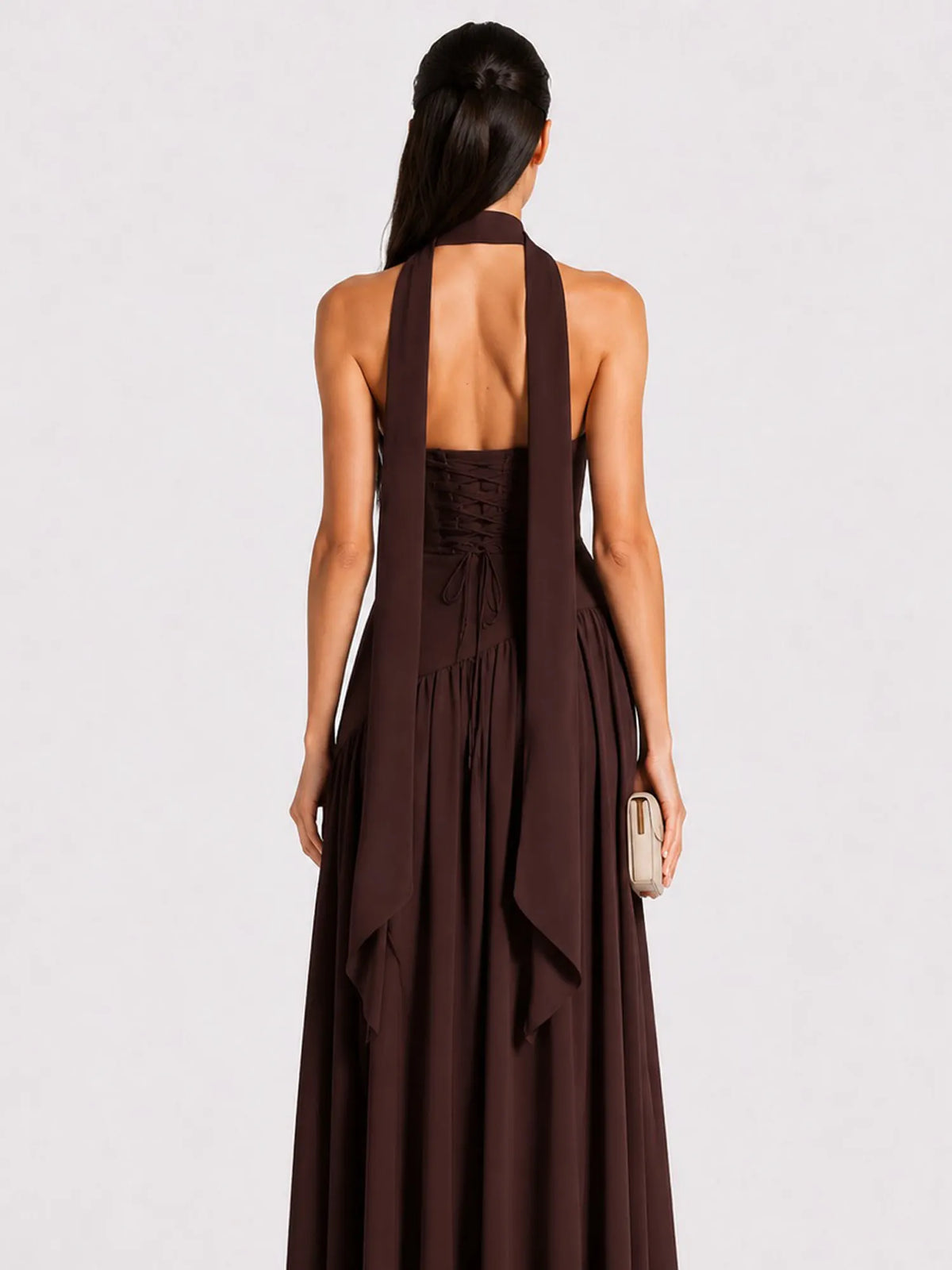 Celeste Strapless Ruched Slit Maxi Dress In Brown