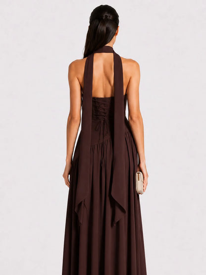 Celeste Strapless Ruched Slit Maxi Dress In Brown
