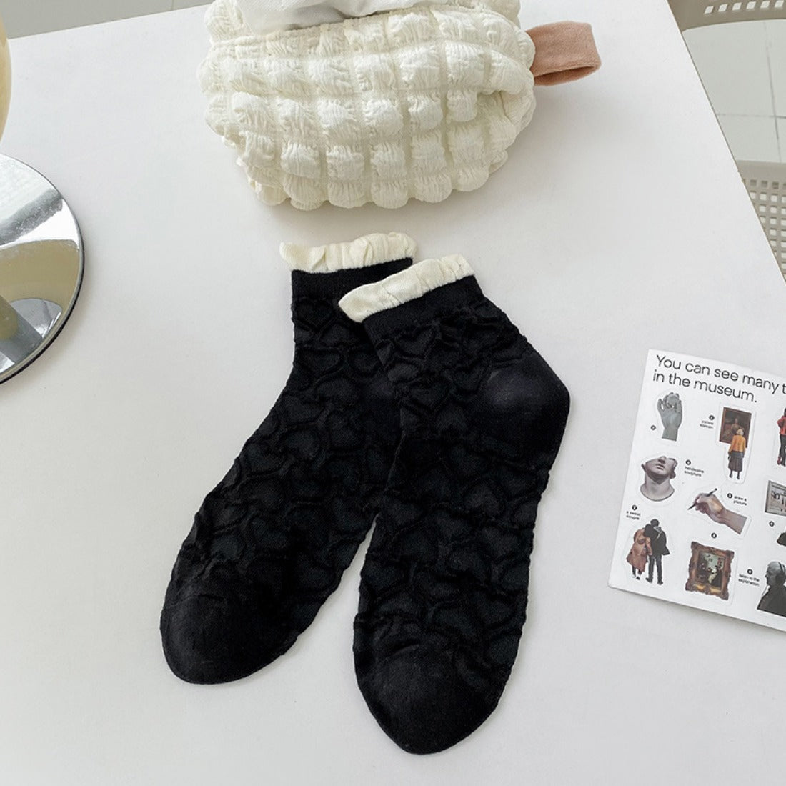 Rufia - Black and White Lace Trim Ankle Socks
