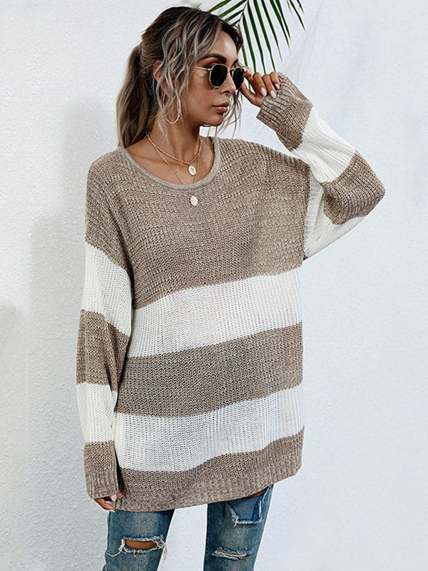 Simple Loose Contrast Color Striped Round-Neck Sweater