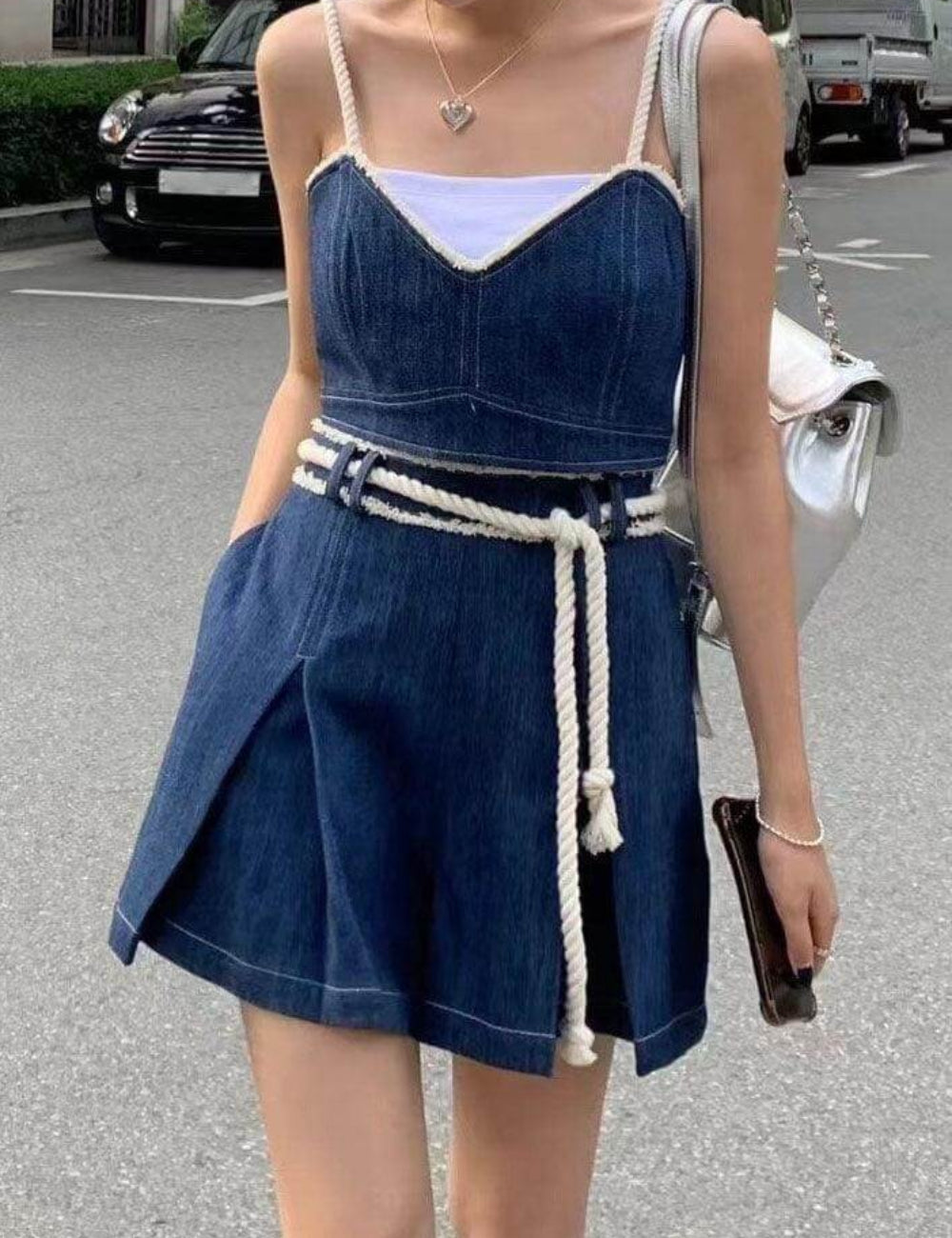 Strape Shoulder Denim Mini Dress